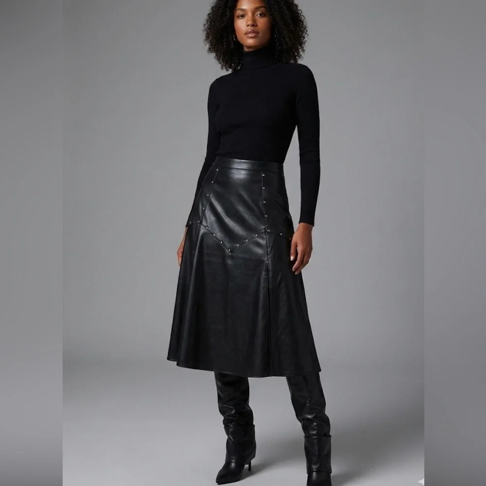 Marc New York Black Faux Leather Midi Skirt with Stud Details Size: Medium - Picture 9 of 9